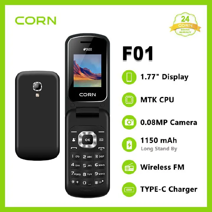 {EASTER SALES OFFERS} CORN F01 Flip MTK CPU 1.77inch display screen,0.08camera 1150mAH long standby battery wireless FM Type c charger kabambe featured phone.