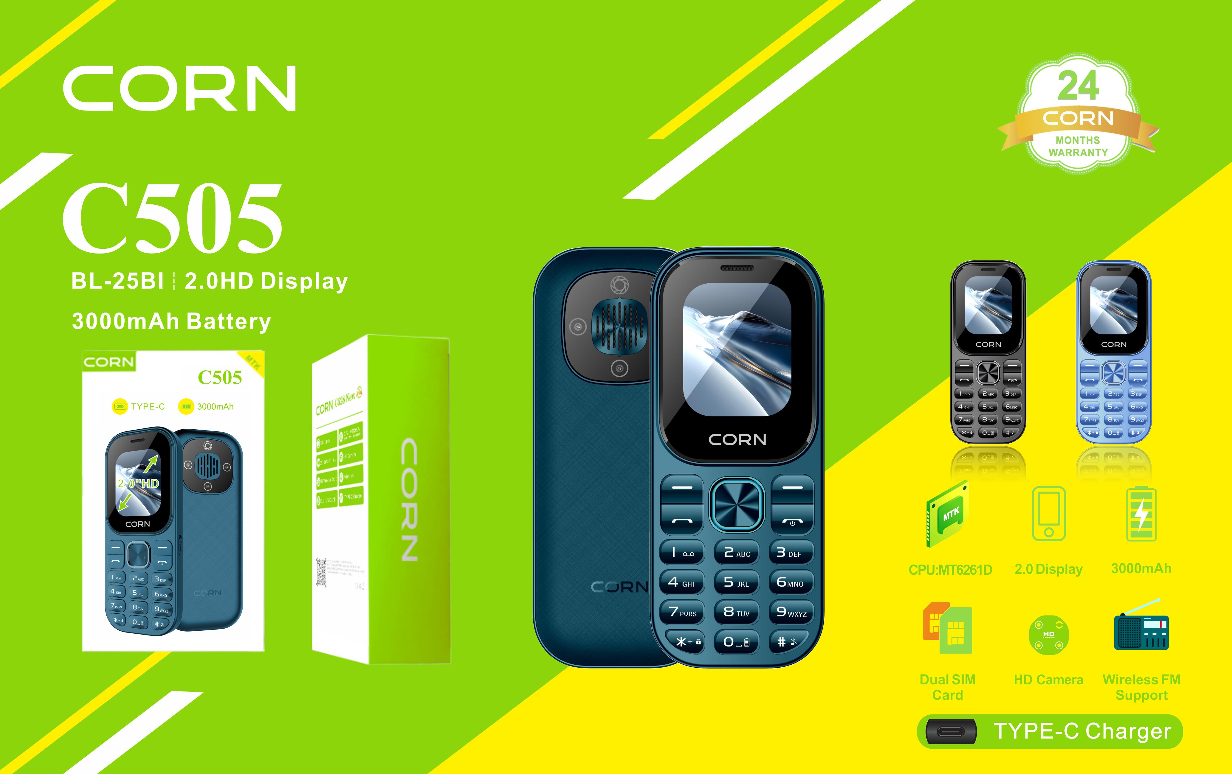 {EASTER SALES OFFERS} CORN C505 2.0'' Display Dual SIM Feature Phone Kabambe Katululu Wireless FM Torch Camera Bluetooth 3000mAh Battery Durable Button Phone Classic Mobile Phone.