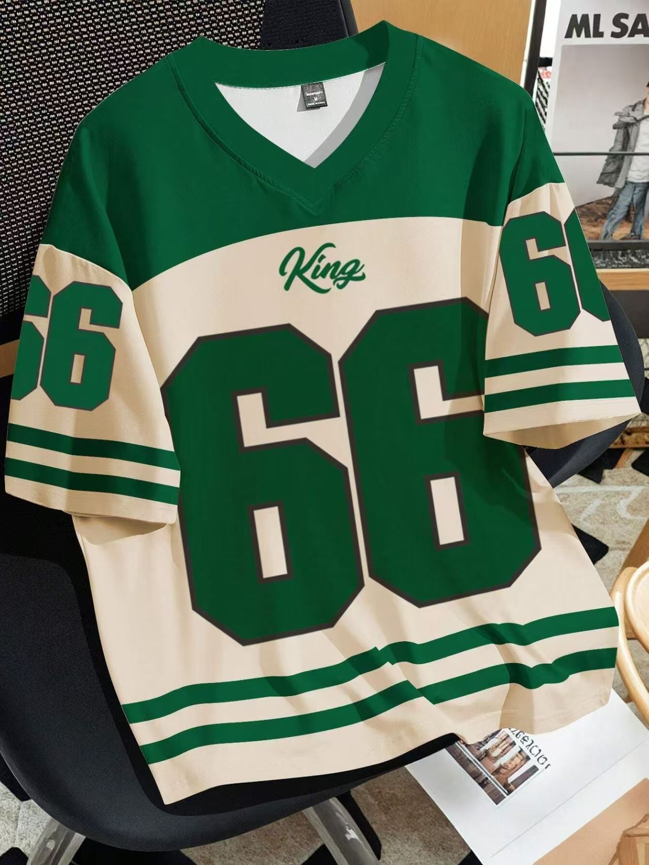 Mens Number 66 Letter KING Print T-Shirt Man Short Sleeve Sportwear Football T-Shirt Vintage Oversize Striped Tees Men Clothes