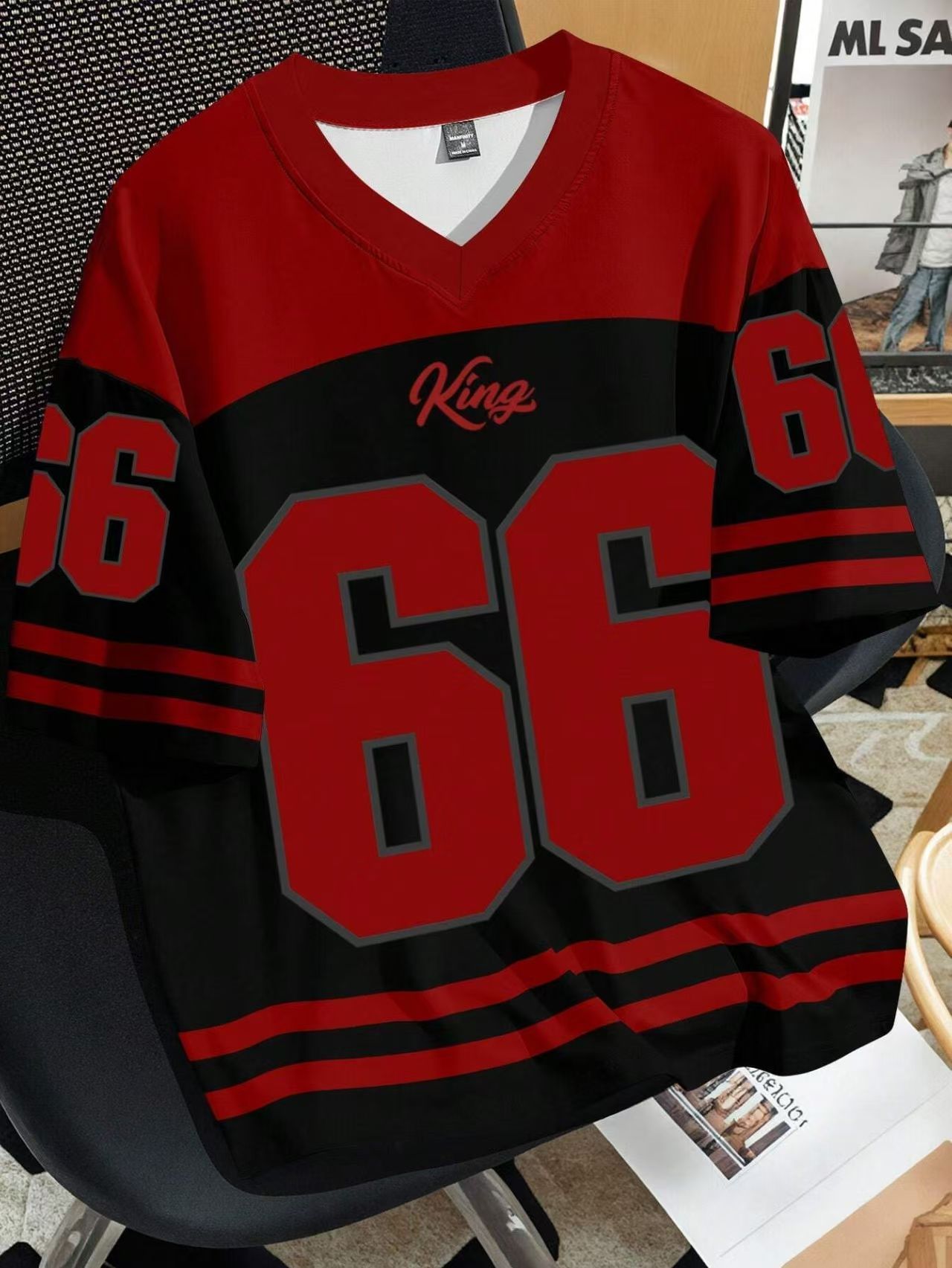 Mens Number 66 Letter KING Print T-Shirt Man Short Sleeve Sportwear Football T-Shirt Vintage Oversize Striped Tees Men Clothes