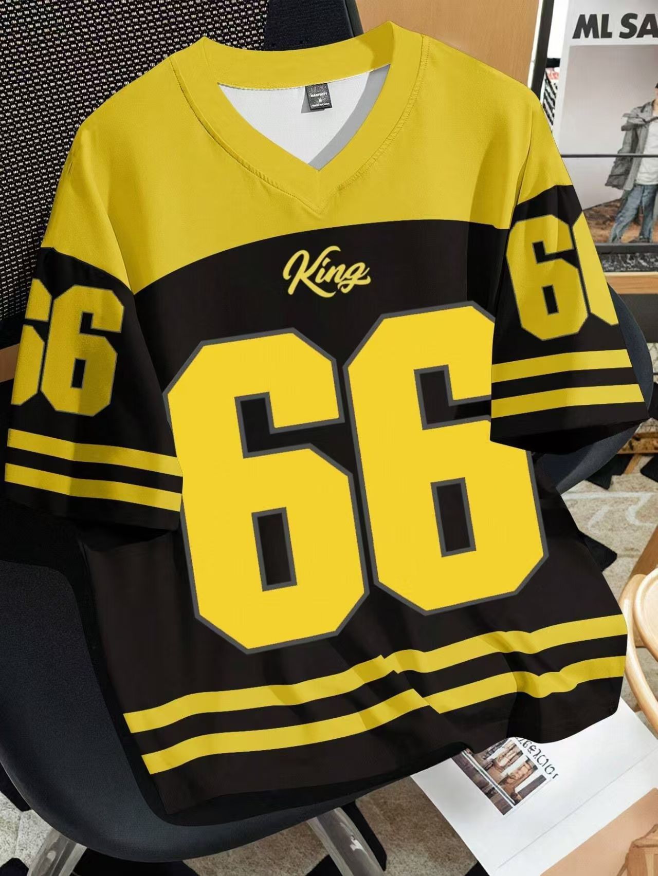Mens Number 66 Letter KING Print T-Shirt Man Short Sleeve Sportwear Football T-Shirt Vintage Oversize Striped Tees Men Clothes