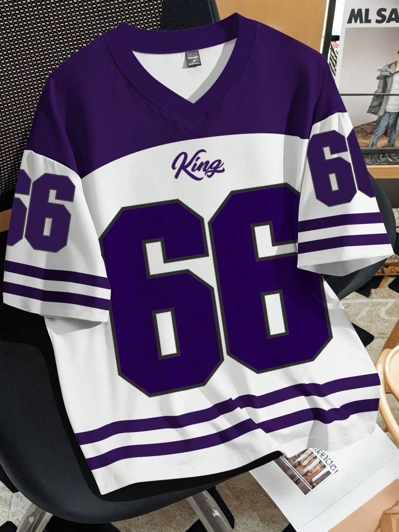 Mens Number 66 Letter KING Print T-Shirt Man Short Sleeve Sportwear Football T-Shirt Vintage Oversize Striped Tees Men Clothes