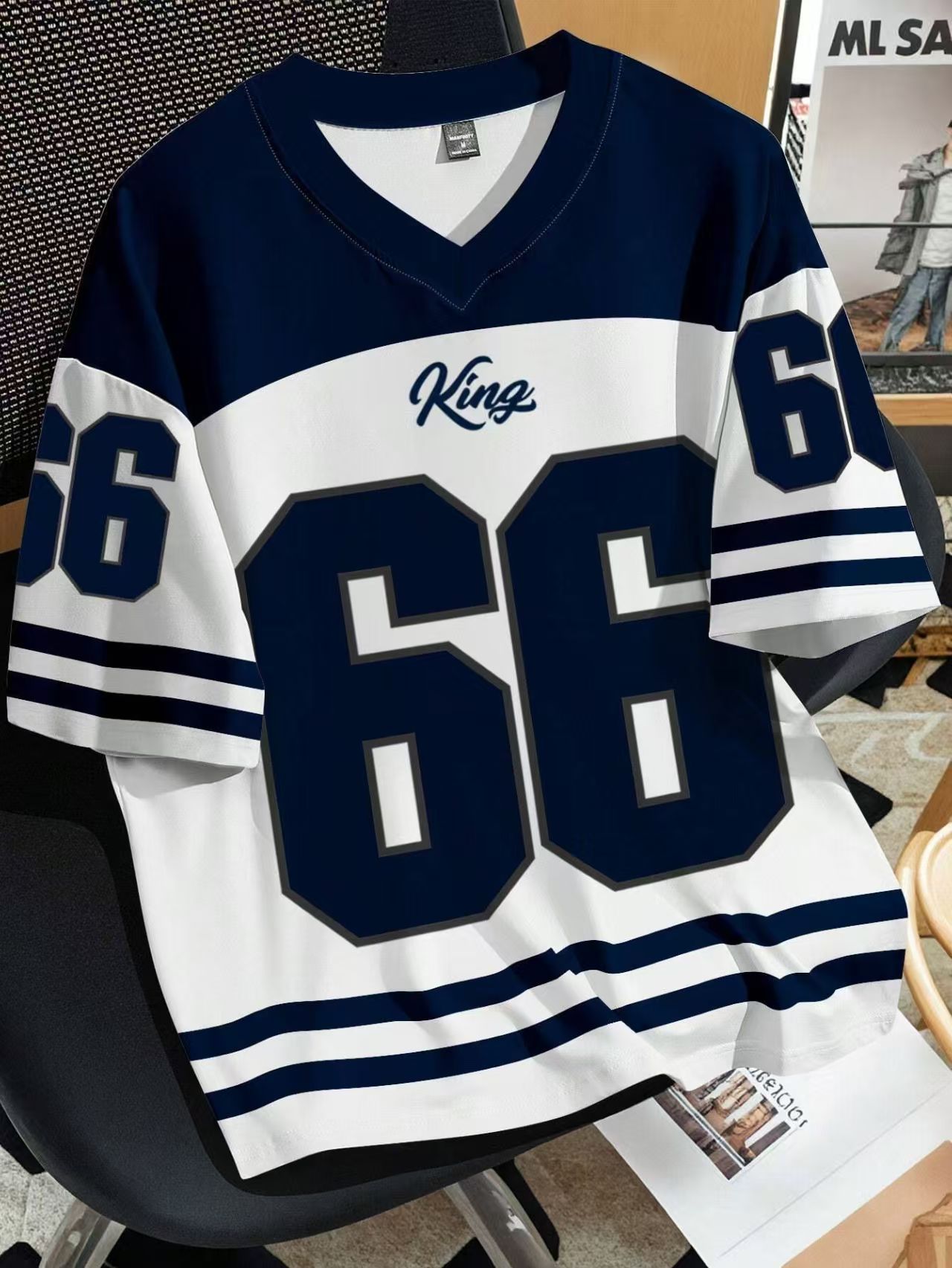 Mens Number 66 Letter KING Print T-Shirt Man Short Sleeve Sportwear Football T-Shirt Vintage Oversize Striped Tees Men Clothes