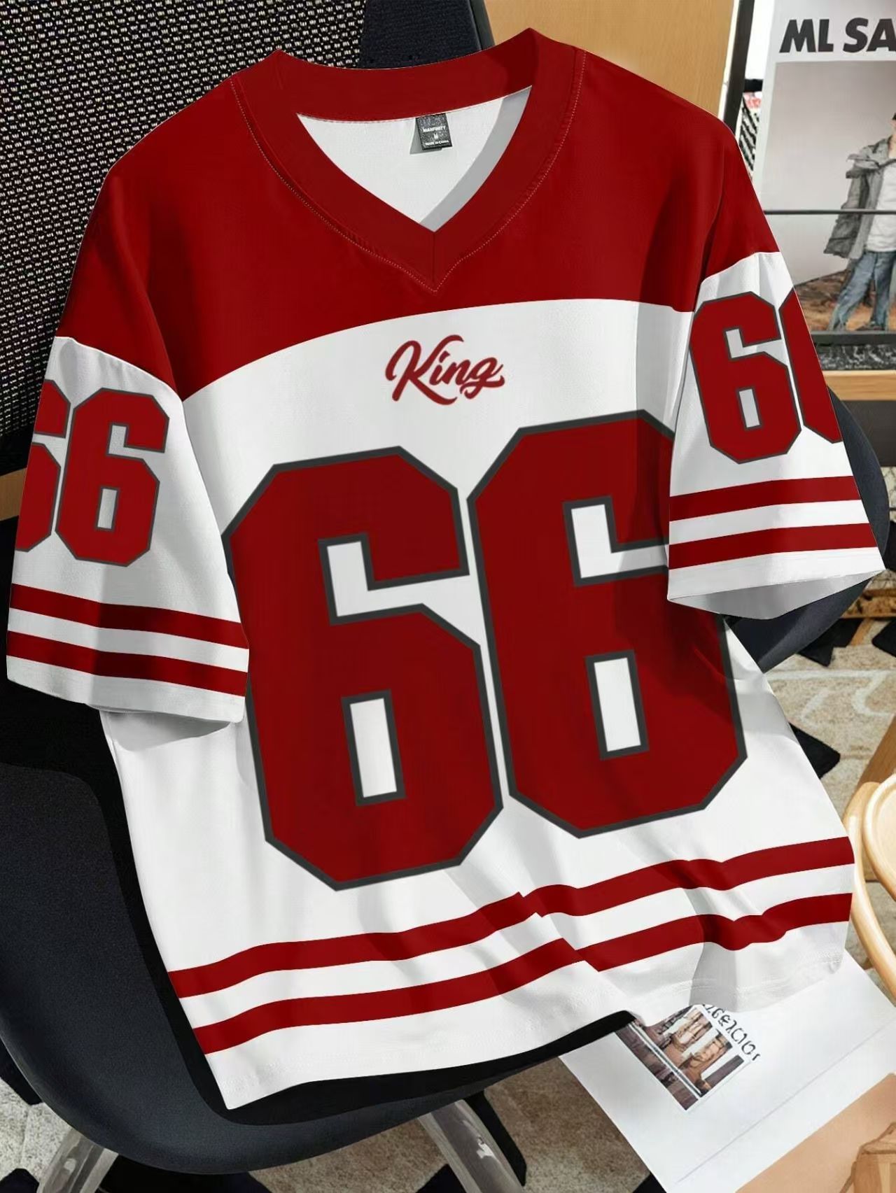 Mens Number 66 Letter KING Print T-Shirt Man Short Sleeve Sportwear Football T-Shirt Vintage Oversize Striped Tees Men Clothes