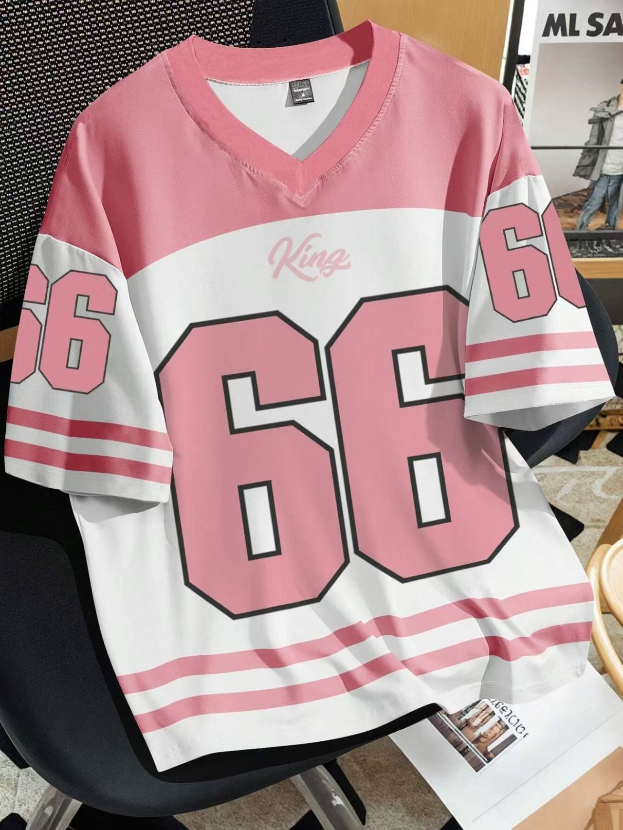 Mens Number 66 Letter KING Print T-Shirt Man Short Sleeve Sportwear Football T-Shirt Vintage Oversize Striped Tees Men Clothes