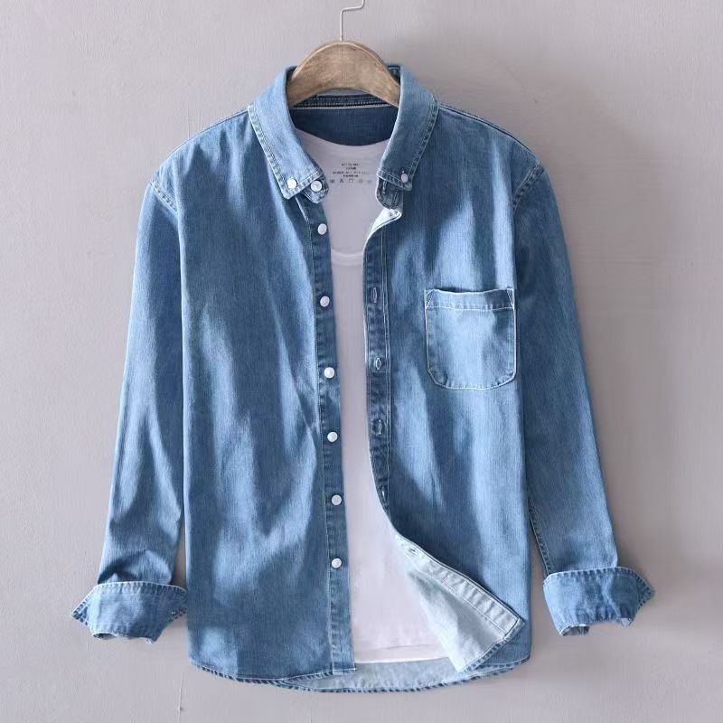New arrival spring long-sleeved shirts men brand cotton blue shirt male solid denim fashion shirt mens tops jeans blue shirt