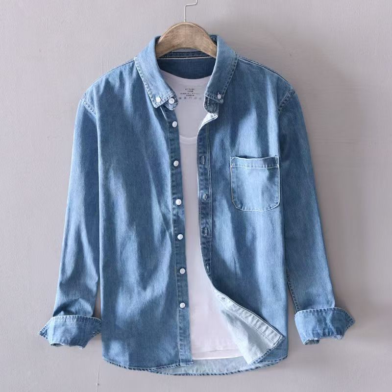New arrival spring long-sleeved shirts men brand cotton blue shirt male solid denim fashion shirt mens tops jeans blue shirt
