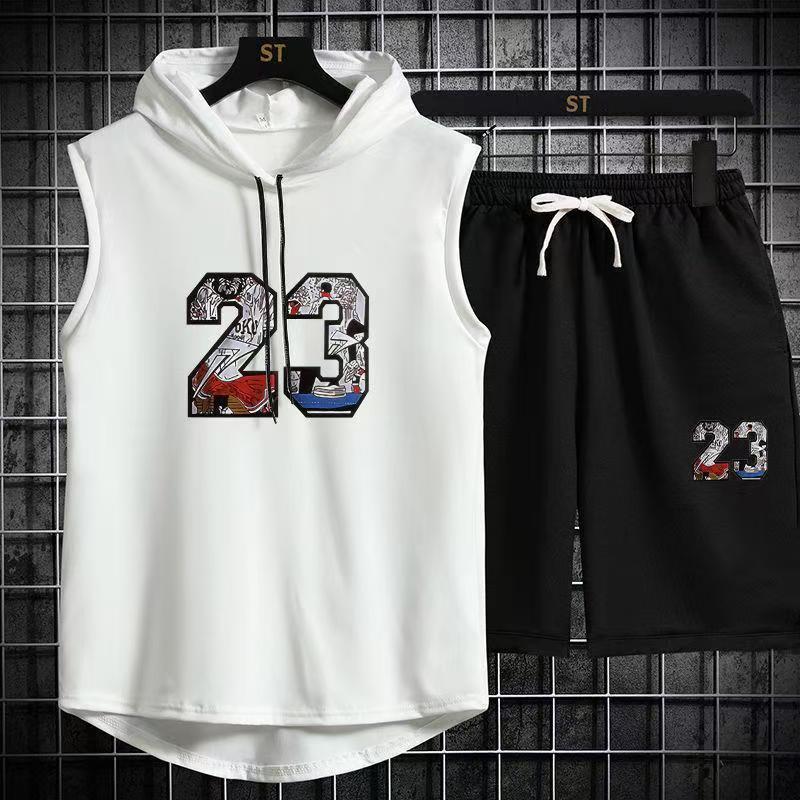 Summer men's hooded vest T-shirt sports suit sleeveless camisole basketball loose trendy fitness outerwear vest