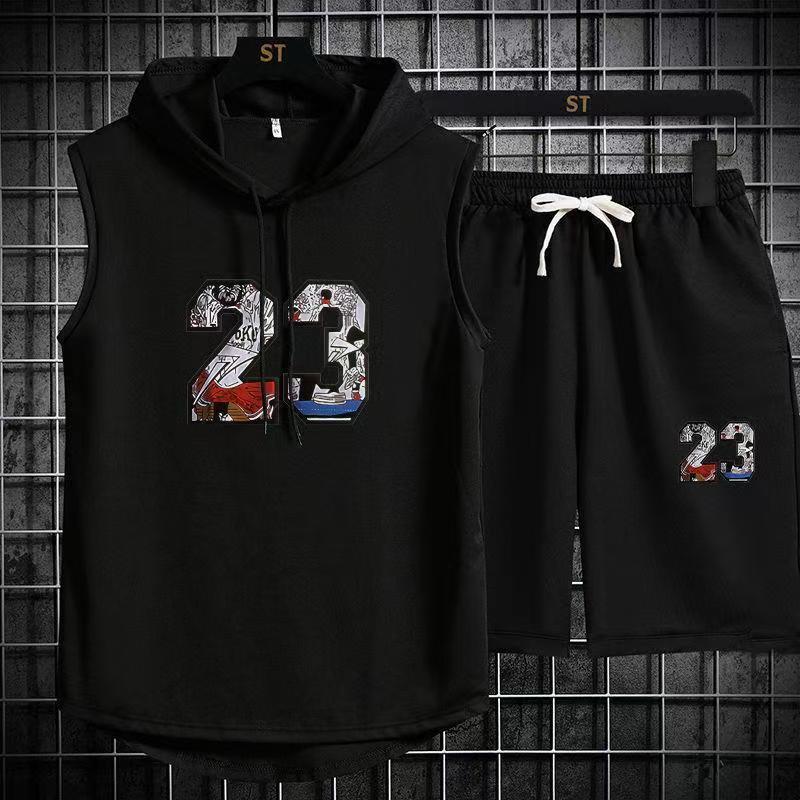Summer men's hooded vest T-shirt sports suit sleeveless camisole basketball loose trendy fitness outerwear vest