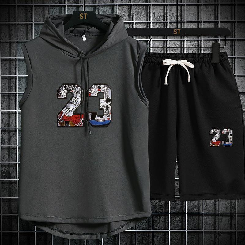 Summer men's hooded vest T-shirt sports suit sleeveless camisole basketball loose trendy fitness outerwear vest