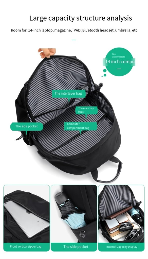 Men Backpack Black  New Nylon Waterproof Outdoor Teens Sports Bag Male USB Business Travel Package Youth School Backbag