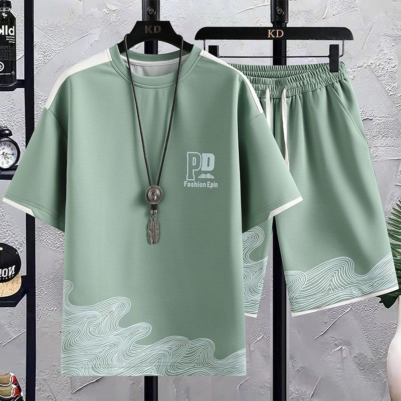 Summer men's sports suit short sleeved casual suit shorts two pieces trendy men Hong Kong style T-shirt men's T-shirt