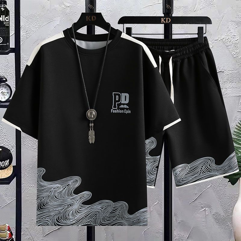 Summer men's sports suit short sleeved casual suit shorts two pieces trendy men Hong Kong style T-shirt men's T-shirt