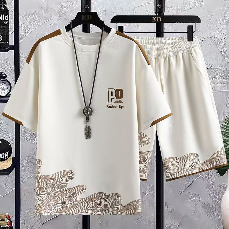 Summer men's sports suit short sleeved casual suit shorts two pieces trendy men Hong Kong style T-shirt men's T-shirt