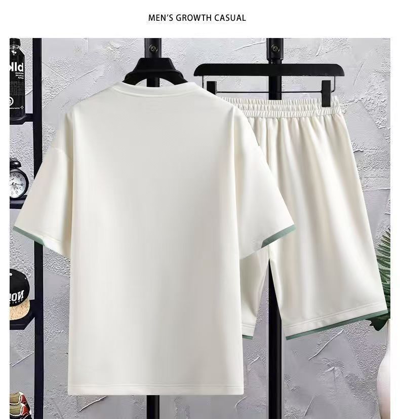 Summer men's sports suit short sleeved casual suit shorts two pieces trendy men Hong Kong style T-shirt men's T-shirt