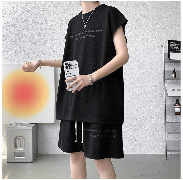 Summer new plus size men's sportswear set sleeveless vest t-shirt versatile casual two-piece set