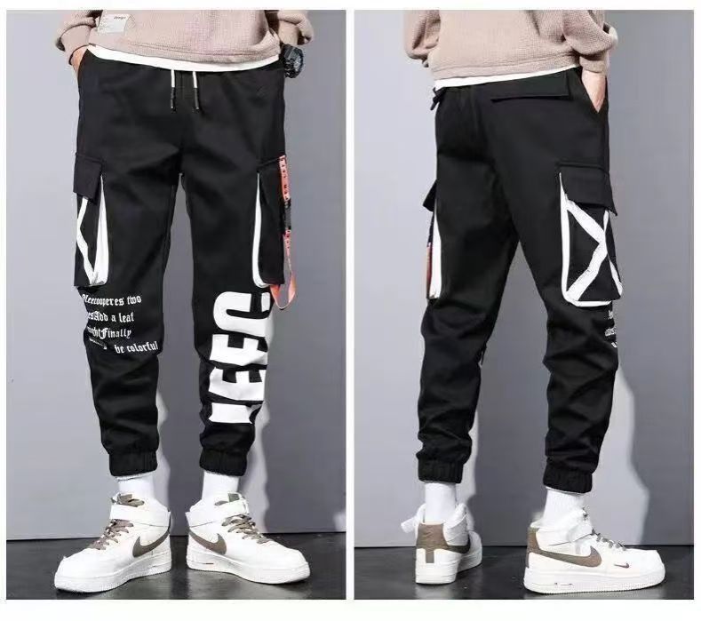 Men Drawstring Casual Pants Ribbon Tassel Pocket Hip Hop Joggers Cargo Pants Overalls  Sweatpants Trousers Sweatpants Streetwear