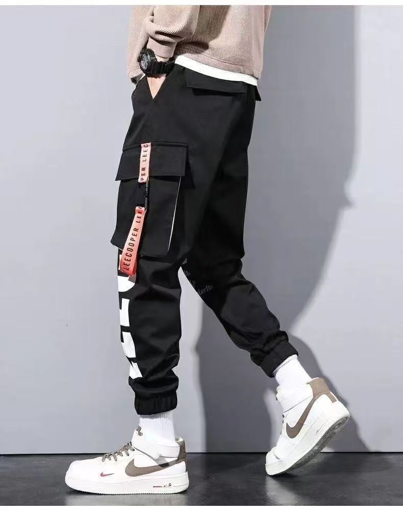 Men Drawstring Casual Pants Ribbon Tassel Pocket Hip Hop Joggers Cargo Pants Overalls  Sweatpants Trousers Sweatpants Streetwear