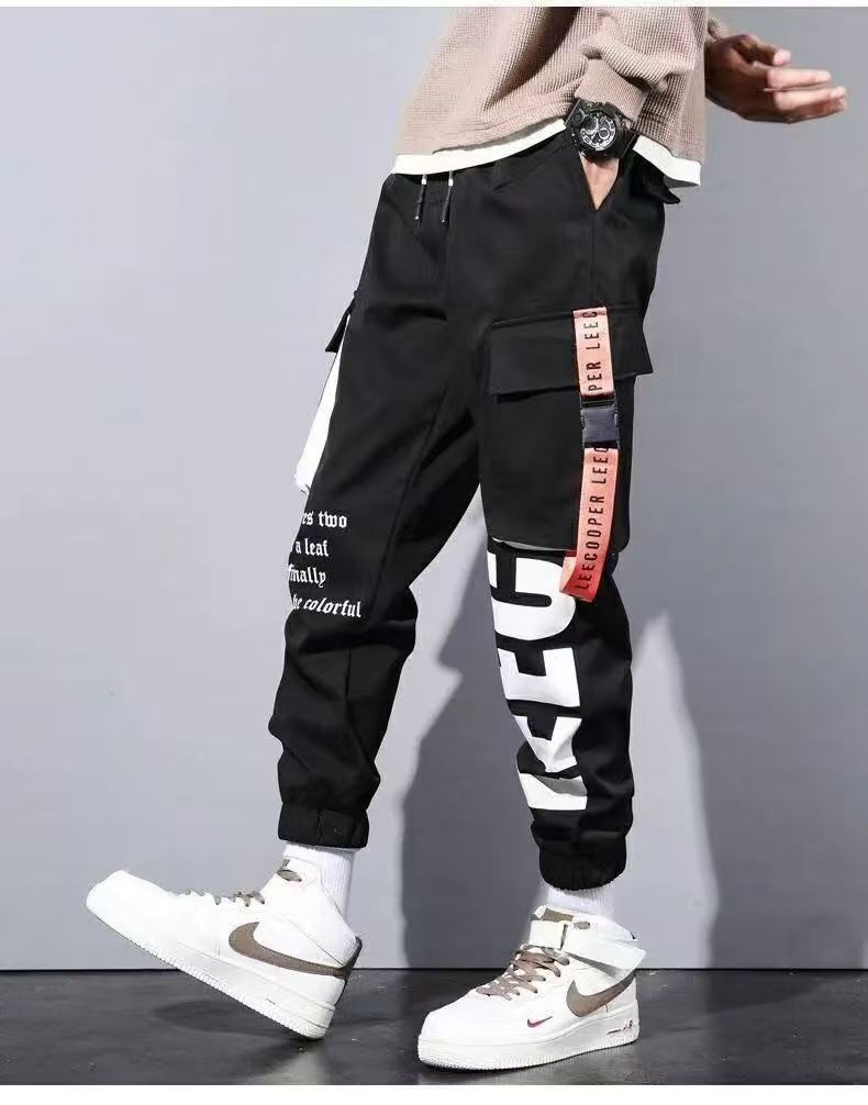 Men Drawstring Casual Pants Ribbon Tassel Pocket Hip Hop Joggers Cargo Pants Overalls  Sweatpants Trousers Sweatpants Streetwear