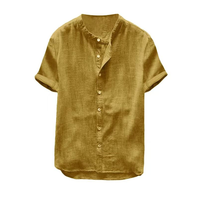 European and American Men's T-shirt casual commuting new men's clothing hot sale short-sleeved solid color cotton and linen shirt