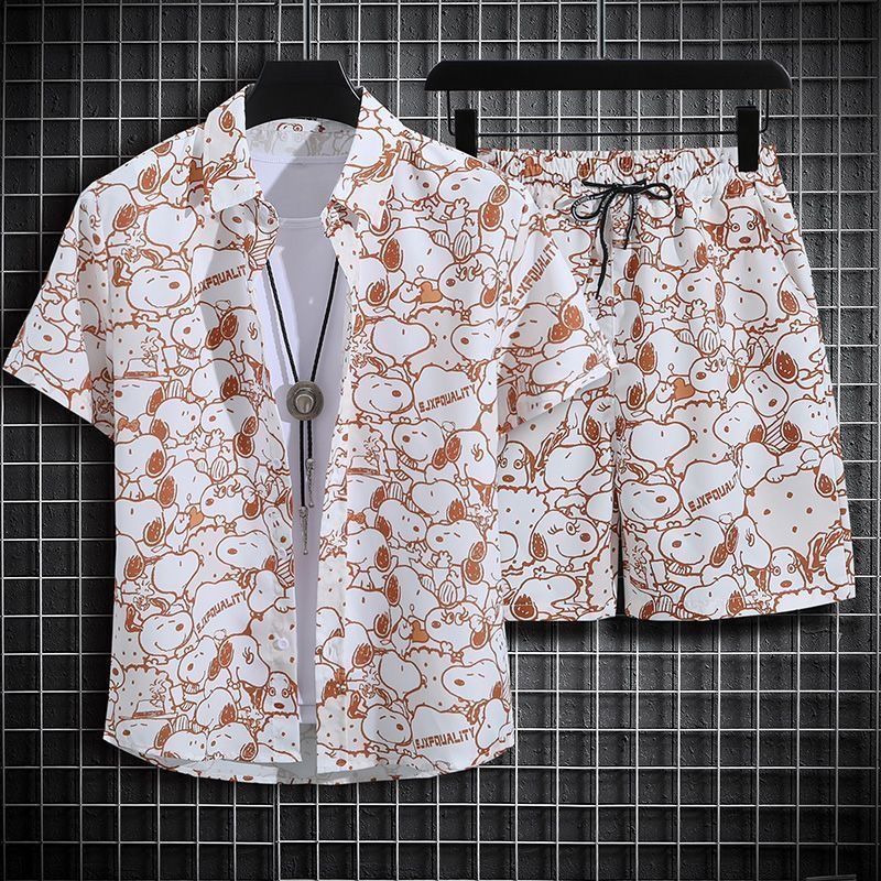 Men's clothing set with short sleeved top and shorts a complete set of men's summer thin fitting loose short sleeved floral shirt, Hawaiian couple beach suit set