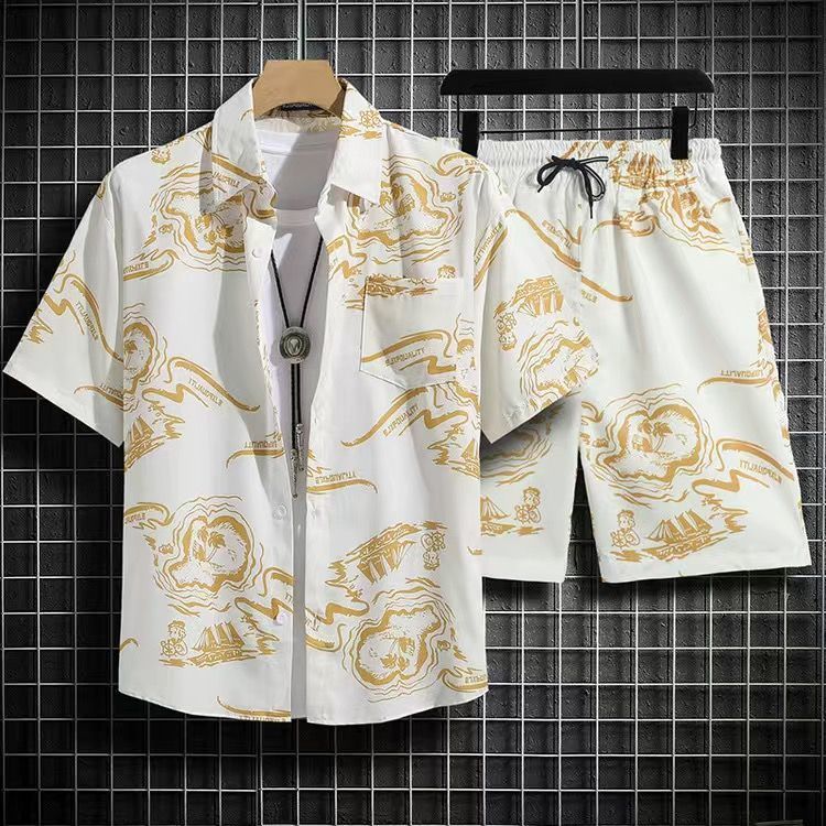 Men's clothing set with short sleeved top and shorts a complete set of men's summer thin fitting loose short sleeved floral shirt, Hawaiian couple beach suit set
