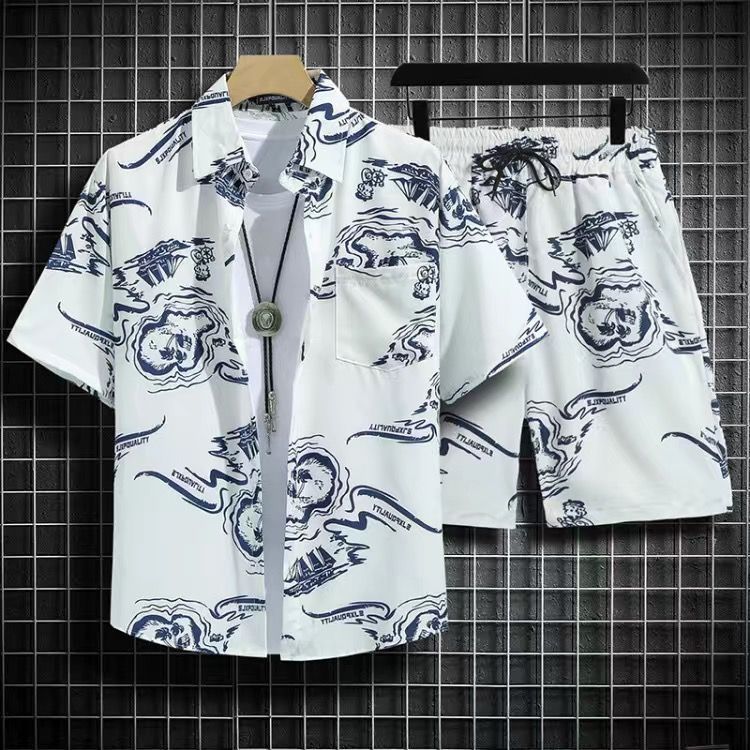 Men's clothing set with short sleeved top and shorts a complete set of men's summer thin fitting loose short sleeved floral shirt, Hawaiian couple beach suit set