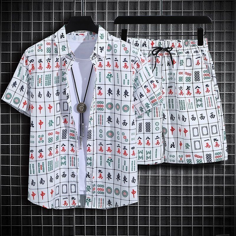 Men's clothing set with short sleeved top and shorts a complete set of men's summer thin fitting loose short sleeved floral shirt, Hawaiian couple beach suit set