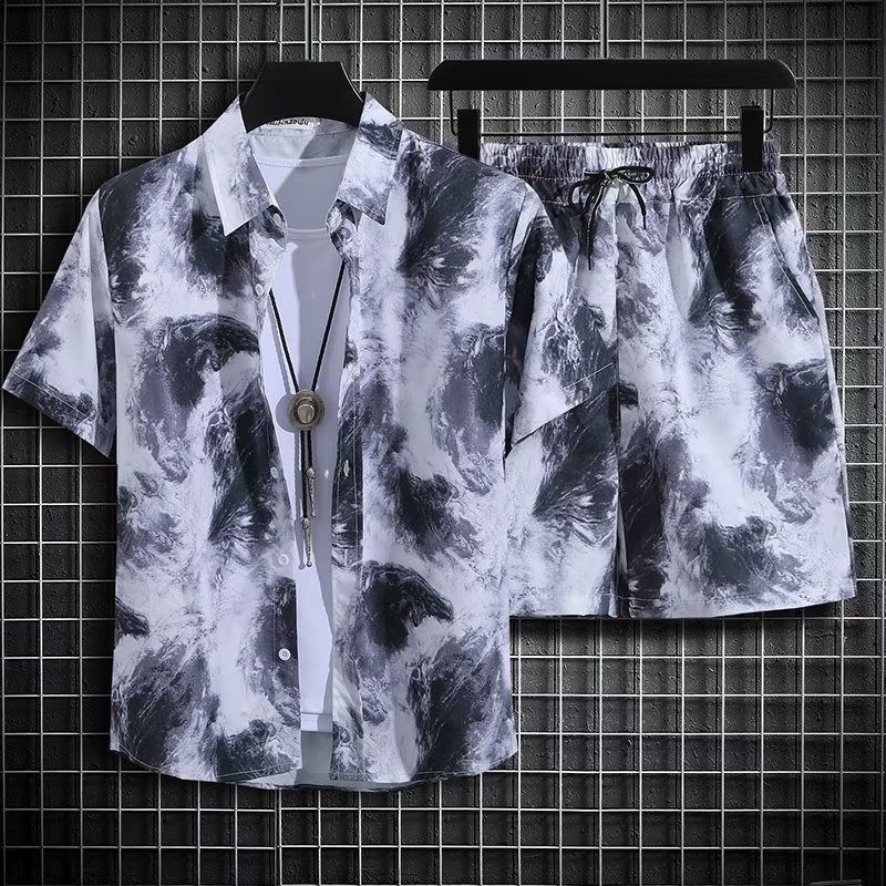 Men's clothing set with short sleeved top and shorts a complete set of men's summer thin fitting loose short sleeved floral shirt, Hawaiian couple beach suit set