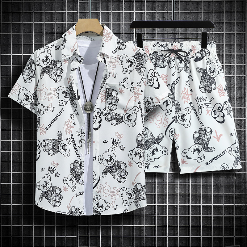 Men's clothing set with short sleeved top and shorts a complete set of men's summer thin fitting loose short sleeved floral shirt, Hawaiian couple beach suit set