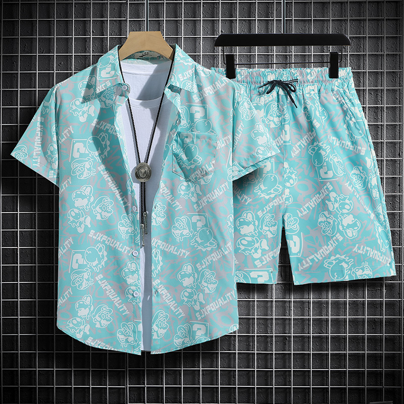 Men's clothing set with short sleeved top and shorts a complete set of men's summer thin fitting loose short sleeved floral shirt, Hawaiian couple beach suit set