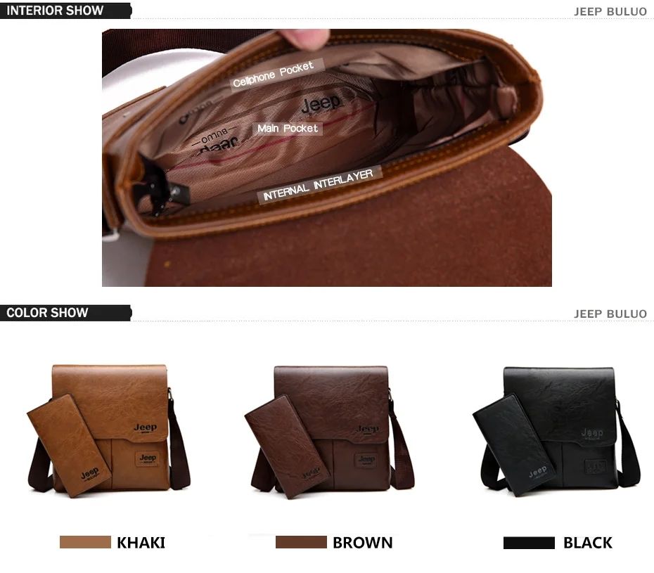 （2-piece set）Men Tote Bags Set JEEP BULUO Famous Brand New Fashion Man Leather Messenger Bag Male Cross Body Shoulder Business Bags For Men