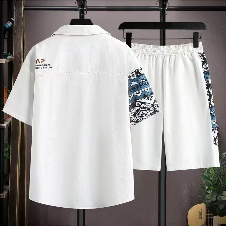 Large men's clothing set with summer trendy short sleeved shirt and shorts combination, loose fit printed breathable men's T-shirt