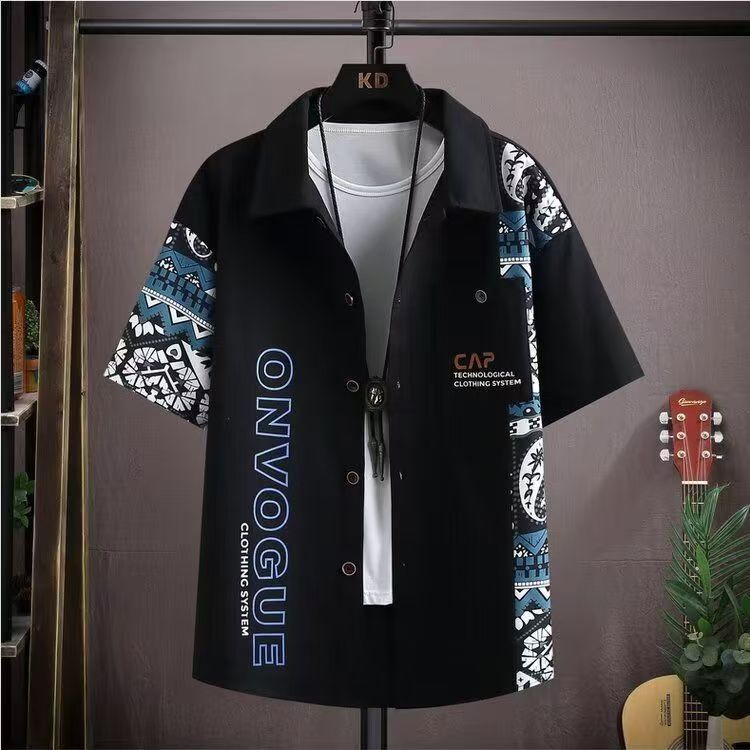Large men's clothing set with summer trendy short sleeved shirt and shorts combination, loose fit printed breathable men's T-shirt