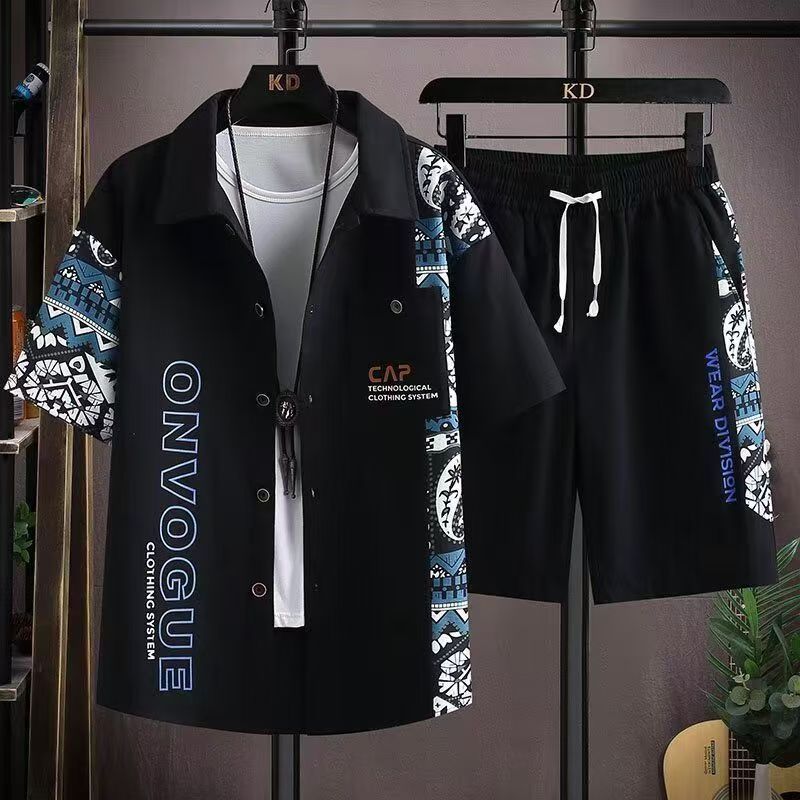 Large men's clothing set with summer trendy short sleeved shirt and shorts combination, loose fit printed breathable men's T-shirt