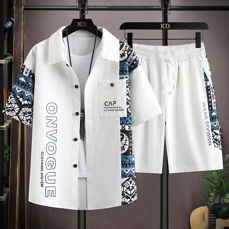 Large men's clothing set with summer trendy short sleeved shirt and shorts combination, loose fit printed breathable men's T-shirt