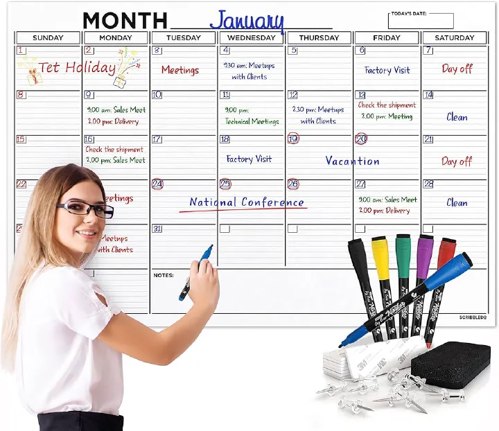 Reusable Monthly Planner Calendar with 6 Color Marker Pens