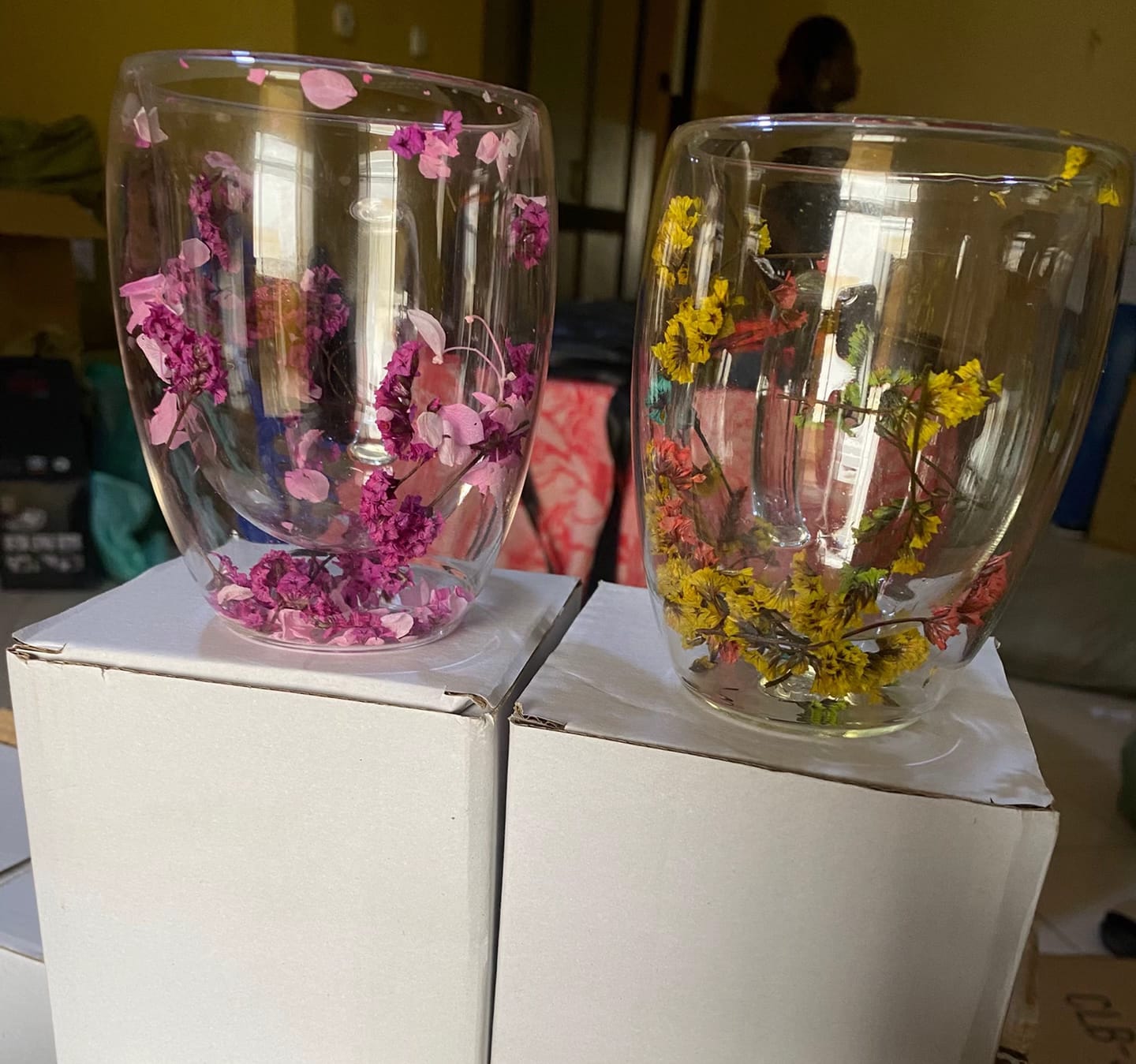 Double Wall Glass Mug with Dried Flower Design – Heat Resistant Transparent Coffee & Tea Cup