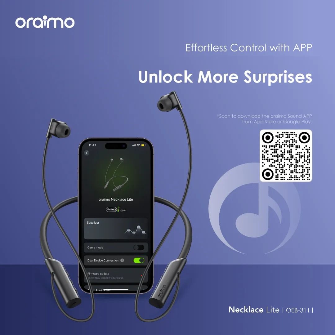 Oraimo Necklace Lite Call Vibration Wireless Bluetooth Dual device connectivity 30H Long Playtime Headphones - Black