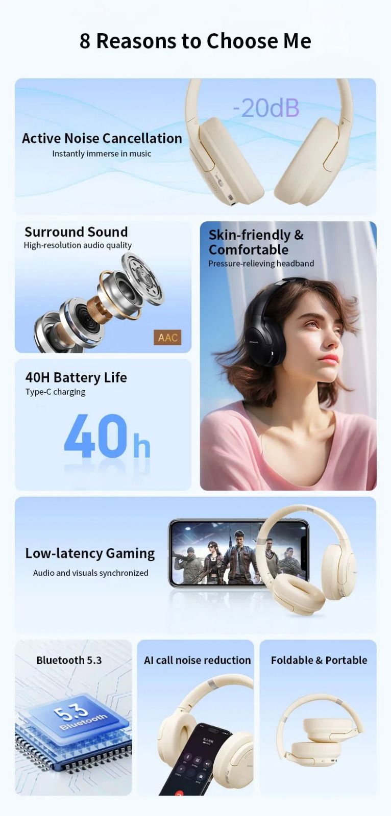 Amaya AEB-H360D Active Noise Cancellation (ANC) Over-Ear Wireless Bluetooth Headphones surround sound, comfortable, 40H lasting battery, Bluetooth 5.3, low-latency gaming, AI call noise reduction