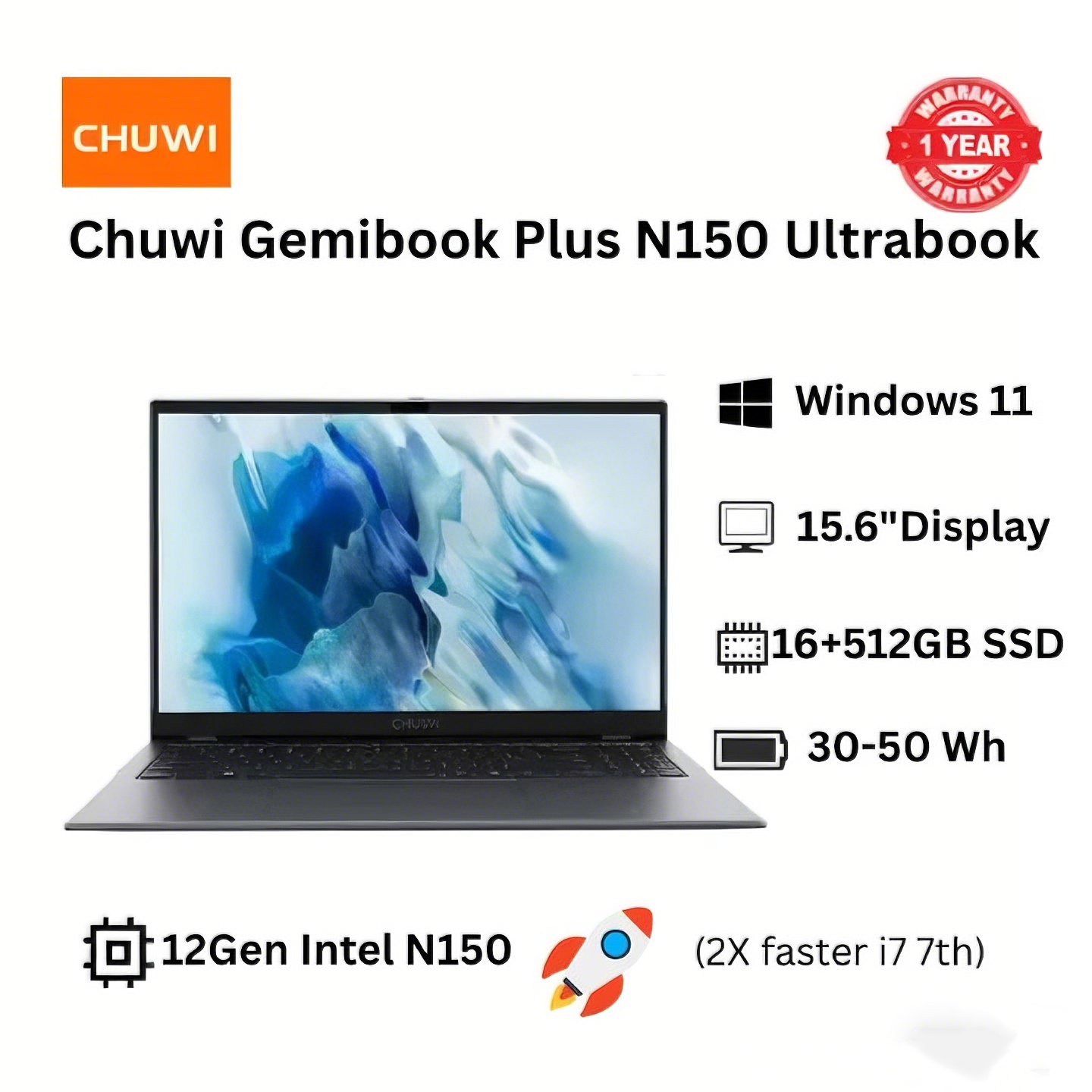 Brand new Chuwi Gemibook Plus N150 ultrabook: (2X faster i7 7th), 16GB+512GB SSD, 15.6" Full HD Ultrabook with Long Battery Life & Free Win 11 system WiFi6 Bluetooth 5.2 HP Dell Asus Lenovo Killer