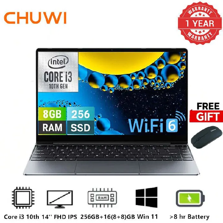 [New Year Sale] Brand New Chuwi Laptop Corebook i3 10th Ultrabook: (kama i7 7th) 14" Full HD Large Screen 256GB+16(8+8)GB WINDOWS 11 WiFi6 Bluetooth 5.2 Slim Lightweight Ultrabook