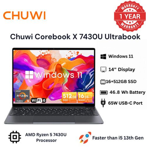 Brand New Chuwi Laptop CoreBook X 7430U 512GB+16GB 14" IPS Screen 2K Ultra-Smooth Multitasking Win 11 WiFi6 Bluetooth 5.2 65W USB-C PD Charging