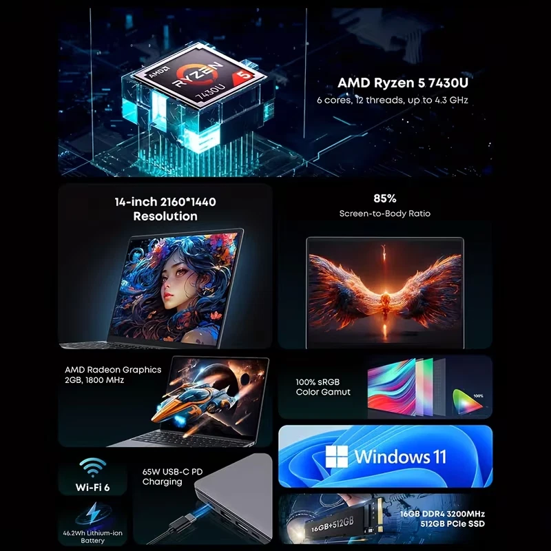 Brand New Chuwi Laptop CoreBook X 7430U 512GB+16GB 14" IPS Screen 2K Ultra-Smooth Multitasking Win 11 WiFi6 Bluetooth 5.2 65W USB-C PD Charging