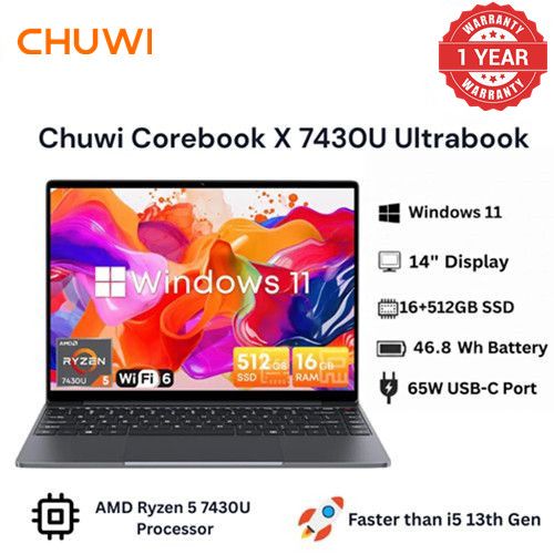 Brand New Chuwi Laptop CoreBook X 7430U 512GB+16GB 14" IPS Screen 2K Ultra-Smooth Multitasking Win 11 WiFi6 Bluetooth 5.2 65W USB-C PD Charging