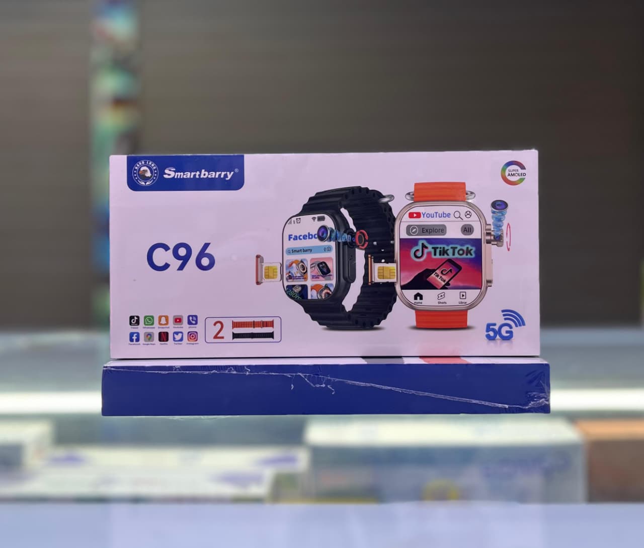 C96 Ultra Smartwatch with a SIM card slot 
4GB RAM 
64GB ROM 
Connects to WiFi and can install apps