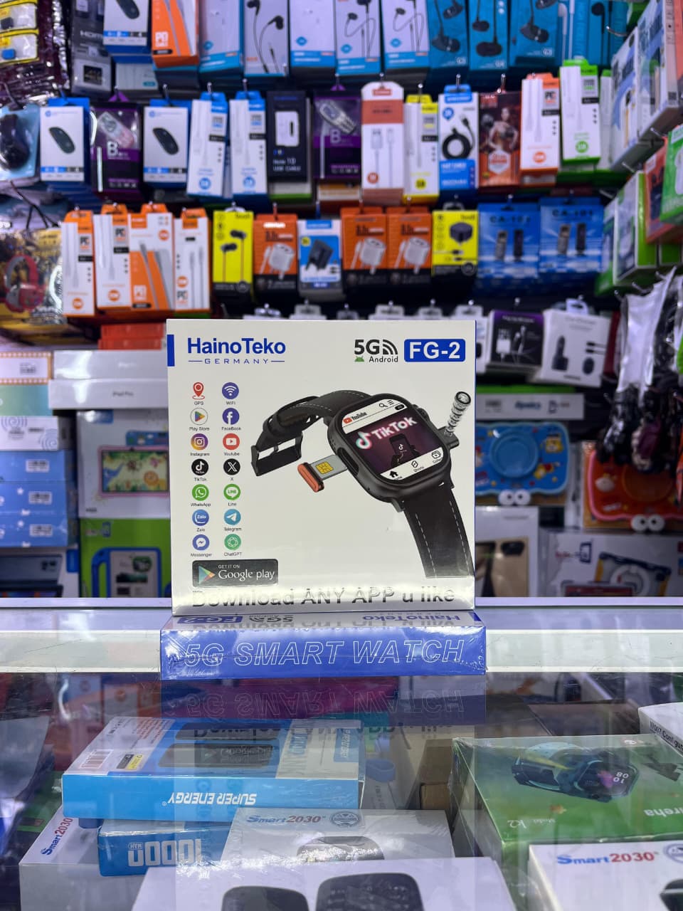 Hainoteko Smartwatch with a SIM card slot 
4 RAM 64GB ROM
Connects to WiFi, can install apps