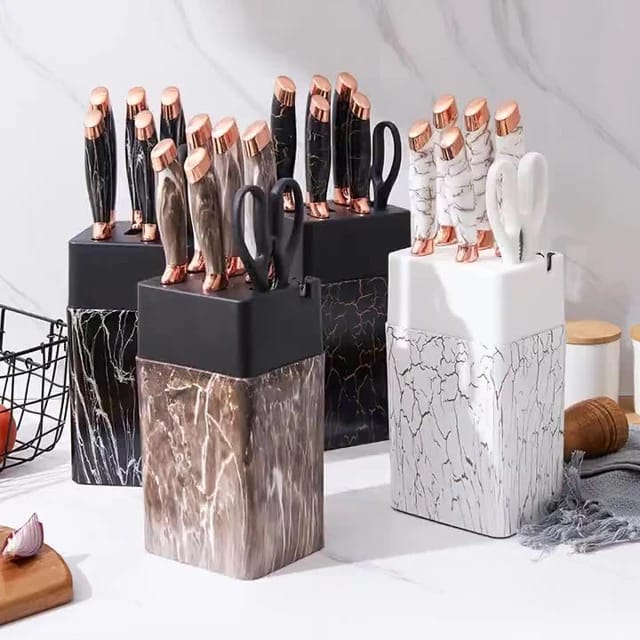 OFFER OFFER!! 🤩🤩✨ !!! 7Pcs Classy High Quality Stylish and Luxurious Kitchen Knife Sets Stainless Steel Chef Knife Bread Knife Marble Textured Handle Sets Tool Holder with grinding stone