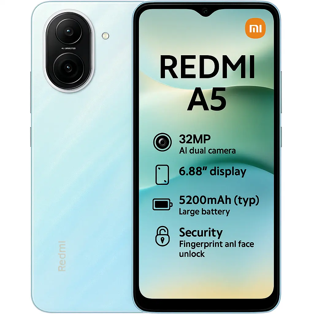 Redmi A5 6.88" HD+ Display | 4GB RAM + 128GB ROM (Expandable) | Dual SIM | 32MP Main + 8MP Front Cameras | 5200mAh Long-Lasting Battery | Side Fingerprint + AI Face Unlock | USB Type-C | 4G LTE