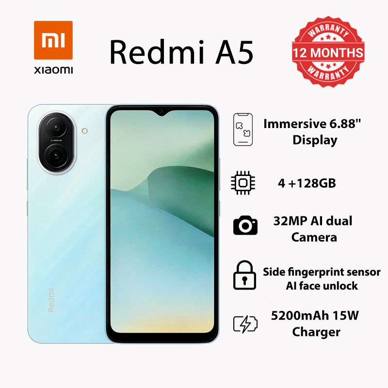 Redmi A5 6.88" HD+ Display | 4GB RAM + 128GB ROM (Expandable) | Dual SIM | 32MP Main + 8MP Front Cameras | 5200mAh Long-Lasting Battery | Side Fingerprint + AI Face Unlock | USB Type-C | 4G LTE